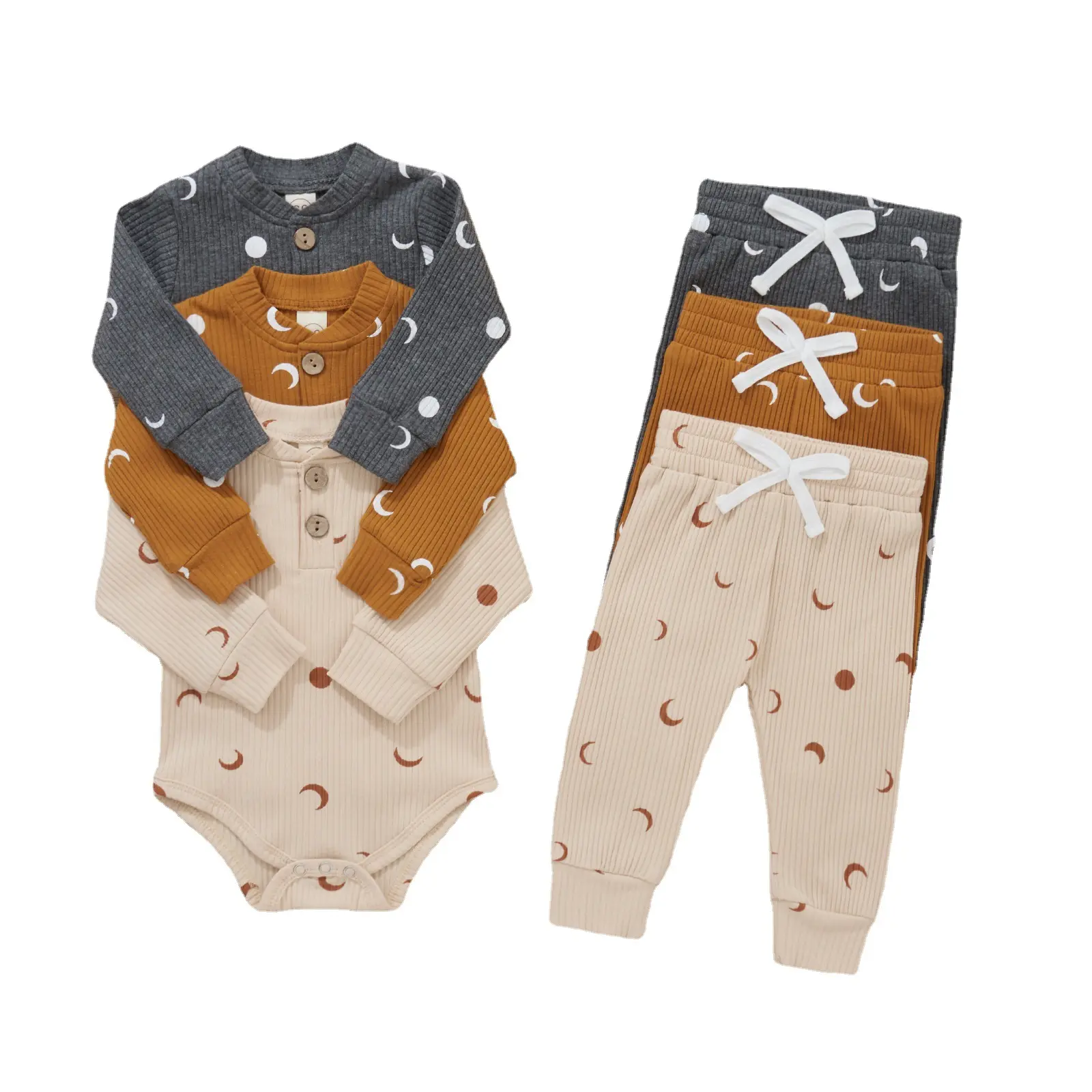 Ivy83656a Baby Jongens Maan Bedrukte Kleding Set Baby Geribbelde Lange Mouw Rompertjes Strik Broek 2 Stuks Outfits Peuters Pakken Kleding