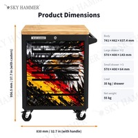 Armoire à outils roulante SKY HAMMER à 7 tiroirs, imprimée UV, personnalisable, verrouillable, avec roulettes, en chêne, acier et dessus en plastique