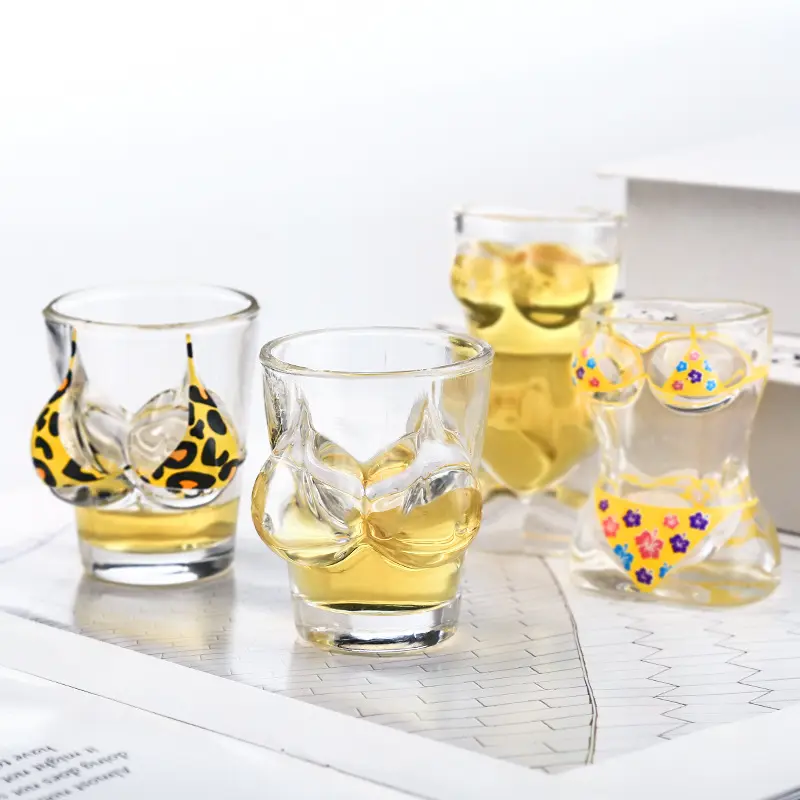 Wholesale Creative Female Bra-Shaped Glass  Body-Shaped Shot Glass with Bikini Pattern