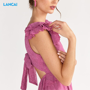 2023 Correa personalizada Sólido Hasta el suelo Puffy Ruffle Back Long Casual Paty Dress - Product Image 3