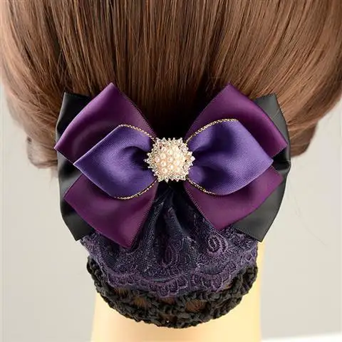 60603-Professional Hair Bun Cover Net Bowknot with Lace Pearl Hair Clip Hair Accessories for Nurse Stewardess with Work Clothes