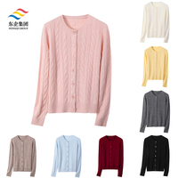100% RWS Wolle Zopfmuster Strickjacke für Damen Rundhals Knopfleiste Langarm Pullover OEM Großhandel