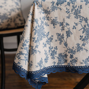 Blue Rose Floral Pastoral Cotton Linen Lace Tablecloth Home Cover Wholesale - Product Image 4