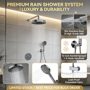 Ensemble de douche complet de luxe carré en laiton avec pommeau de douche effet pluie encastré, tuyau en PVC céramique poli et douchette à main pour appartement - Product Image 6