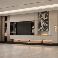 Meuble TV mural moderne de luxe en bois avec cheminée électrique, étagères LED aspect pierre, rangement, meuble TV flottant pour salon