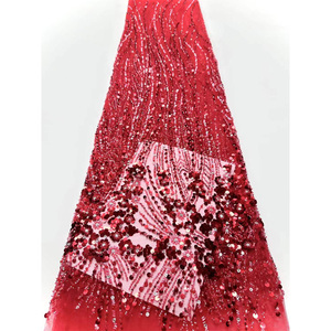Tissu en dentelle française <span class=keywords><strong>rouge</strong></span> avec perles de diamant et paillettes, vêtements pour femmes, robe Kanuri, <span class=keywords><strong>tulle</strong></span>, broderie florale - Product Image 1