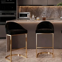Tabouret de bar moderne italien en velours avec structure en acier inoxydable, résistant à l'eau, pour la maison, la salle à manger, l'îlot de cuisine, l'extérieur et la salle de sport