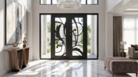 Porte d'entrée double en fer forgé LINCAI, motif feuillage artistique de luxe |   Porte d'entrée de villa moderne forgée à la main, grande, avec isolation thermique