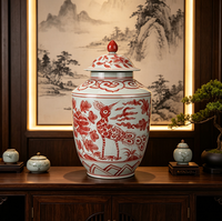 Pot en porcelaine rouge traditionnel chinois à motif floral de paon, avec couvercle, peint à la main, en céramique, pot à gingembre, ornement pour la maison