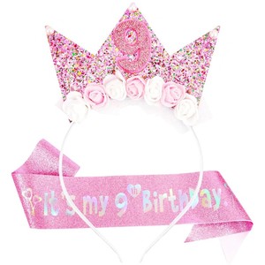 Compleanno fiore principessa corona ragazza fascia e fascia glitterata Set per la ragazza decorazioni di compleanno per la ragazza Happy Birthday Girl - Product Image 1