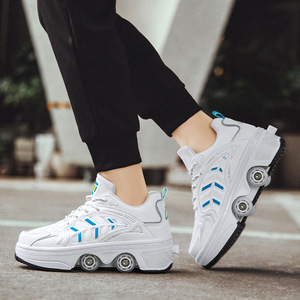 Roller Shoes Kids Automatic Retractable Wheel Sneakers Black White Size 33 43 Mesh Lining Double Row Wheels Sport Shoes - Product Image 3