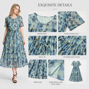Robe longue d'été en soie pour femme, à manches courtes, col rond, imprimée, en maille, grande taille, coupe ample, personnalisable avec logo, douce, respirante, qualité supérieure - Product Image 3