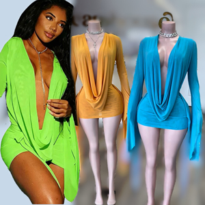 PEEQI HR26101 Abito da Donna Primaverile alla Moda, in Rete Trasparente con Scollo a V Profondo, Schiena Scoperta, Maniche Lunghe a Campana, <span class=keywords><strong>Vestito</strong></span> Avvolgente Mini - Product Image 1