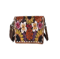 Kualitas tinggi wanita mewah ukiran bunga dompet selempang Barat desain baru bunga Tooled kulit ritsleting modis musim panas