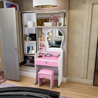 Table de toilette moderne éclairée avec tiroirs, miroir, tabouret, ensemble de coiffeuses, bureau de maquillage