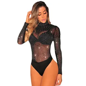 Sexy Night Club Full Sleeve Women Mesh Rompers Diamonds Bodysuit Hollow Out Open Back Bodysuit