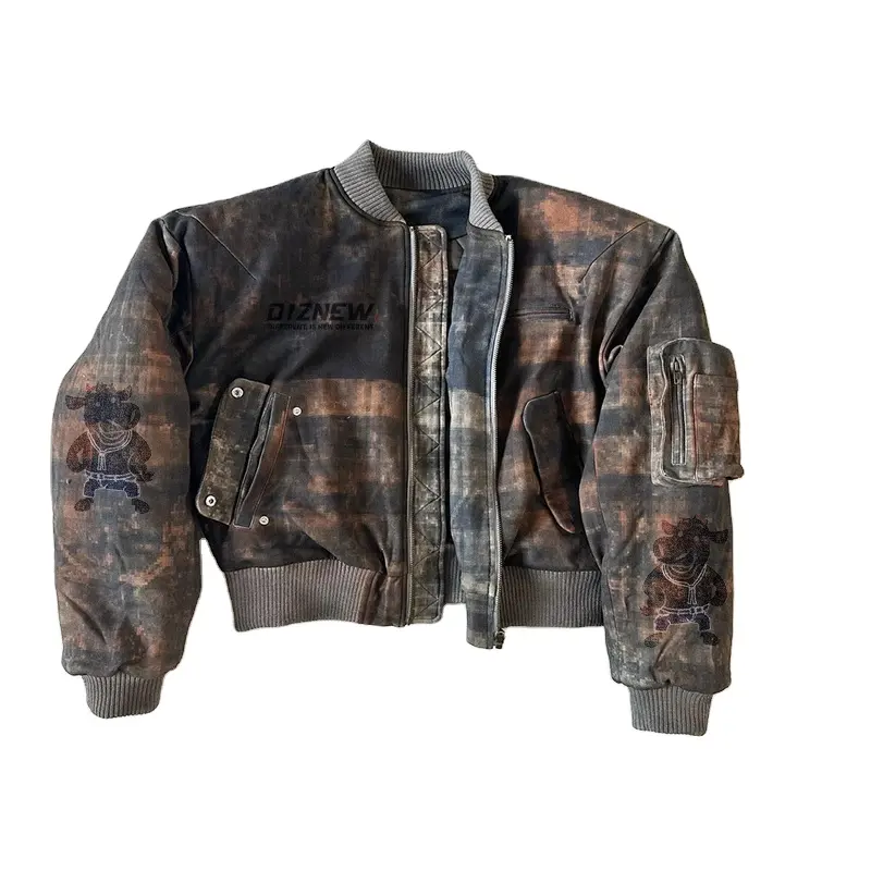 DIZNEW 사용자 정의 하이 퀄리티 펑크 데님 청바지 자켓 스트리트웨어 두꺼운 남자 폭격기 재킷 지퍼로 오래 된 넥타이 염료를 확인