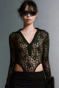Body Sexy da <span class=keywords><strong>Donna</strong></span> in Pizzo Nero Trasparente, Elasticizzato e Modellante, a Maniche Lunghe con Motivo Floreale - Product Image 2