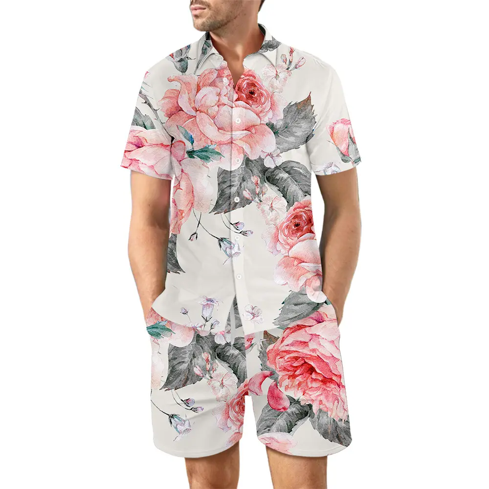 Flower Print Men's Summer Beachwear Hawaiian 2 Pcs Set Printed Floral Stylish Shirt And Shorts