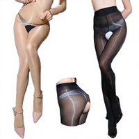 Collants pour femmes sexy, fins, brillants, effet huileux, tricotés, réfléchissants, délicats, à entrejambe ouvert, style bas cuissard, couleur unie