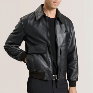 Chaqueta de Cuero PU Negra de Moda Urbana Personalizada para Hombre, Corte Regular, Cuello Camisero, Impermeable, Cortavientos, Informal - Product Image 1