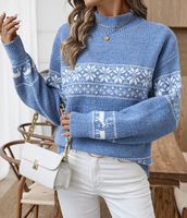Pulls de Noël FNJIA pour femmes, pull en tricot jacquard bleu flocon de neige, col montant en chenille, pull en tricot d'hiver OEM