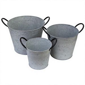 Set Of 3 Modern Galvanized Metal Bucket Planters Round Ribbed Zinc Flower Pot With Black Handles For Indoor Outdoor Garden Decor - Product Image 1