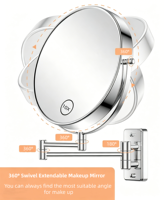 Miroir de maquillage cosmétique personnalisé à double face extensible, pliable, rotatif à 360 degrés, éclairé, grossissement 10x