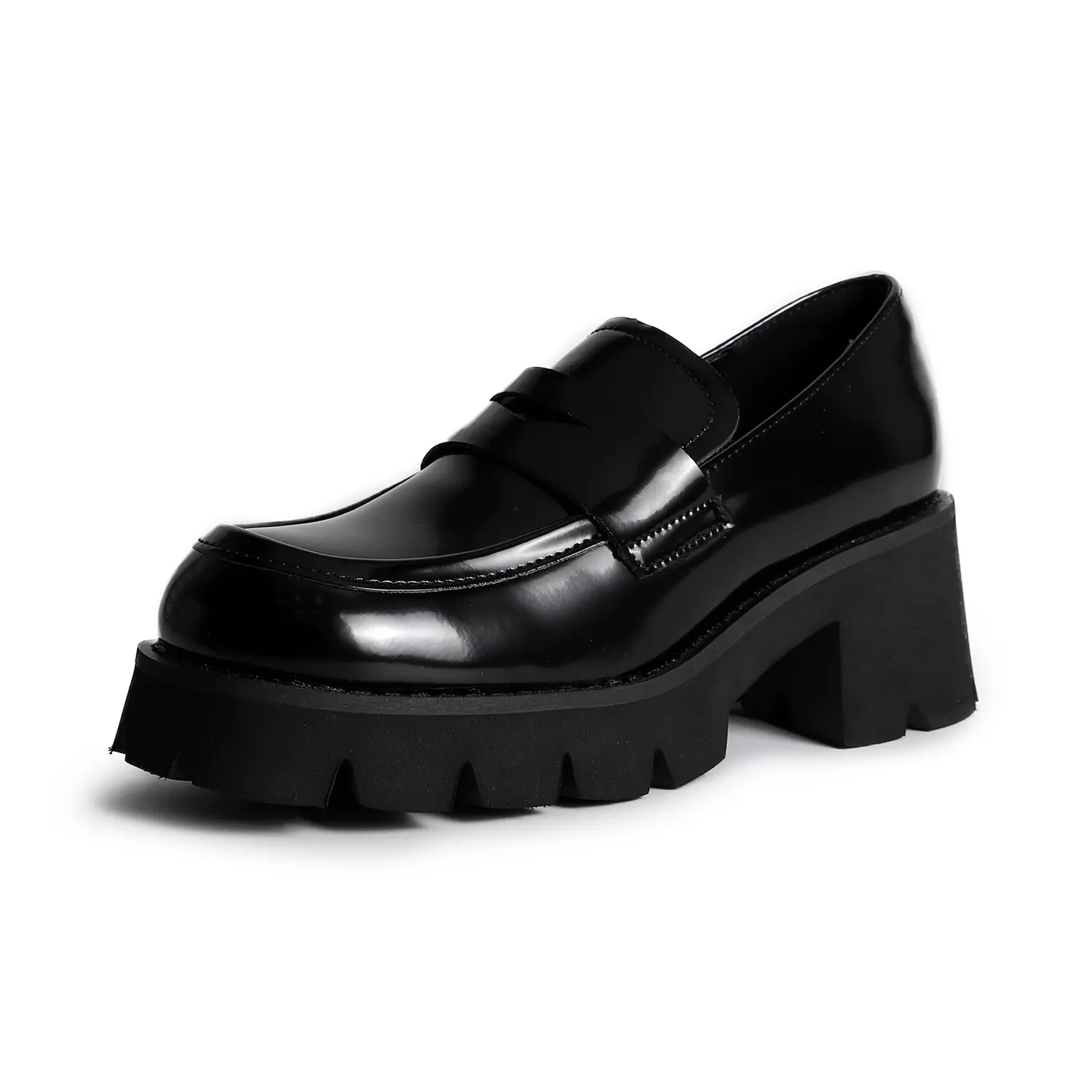 Ubililia Solid Black Round Toe with Rhinestone strap Loafer shoes Thick Heels Chunky Platform Breathable Soft Sole Women Loafers