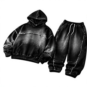 <b>Mens</b> Vintage Acid Wash <b>Black</b> Heavyweight Distressed Pullover <b>Hoodie</b> And Matching Drawstring Joggers Set Two-Piece Casual - Product Image 1