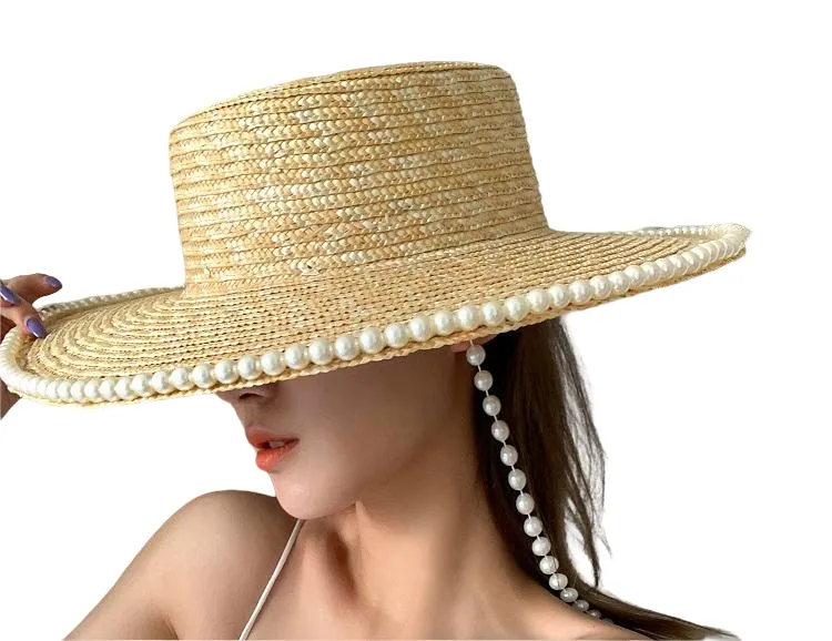 Wholesale Wide Brim Elegant Flat Top Wheat Straw Boater Hat Straw Sun Visor Caps for Women