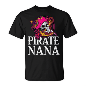 Camiseta Pirate Nana Grandma con diseño de espada y calavera rosa, cuello redondo negro, talla para adulto - Product Image 2