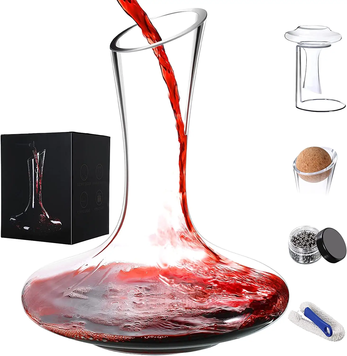 ワインデカンター60オンスアクセサリー付き手吹きクリスタルガラスワインカラフ乾燥スタンド、コルクストッパーを含むワイン愛好家のための