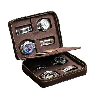 Custom Logo Crazy Horse Leder 4 Horloges Rits Pouch Full Grain Lederen Horloge Pouch