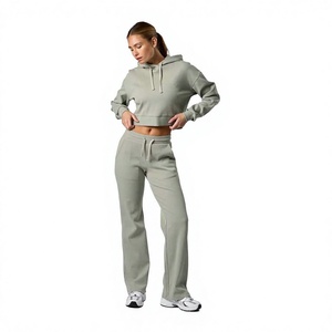 Conjunto de Sudadera con Capucha de Forro Polar de 2 Piezas para Mujer, Manga Larga, Top Corto, Color Verde Claro Sólido, Ajuste Holgado Informal, para Todas las Estaciones, Ropa Deportiva - Product Image 1