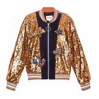 Blouson Bomber Doré Scintillant à Paillettes pour Filles, Enfants et Tout-Petits, avec Écussons Brodés, Fermeture Éclair, Manches Longues, Automne, Écologique et Respirant