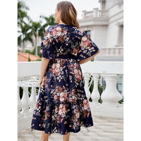 Vestido Casual de Verano para Mujer, Estilo Europeo Americano, Cuello en V, Azul Marino, Estampado, Línea A, Superventas