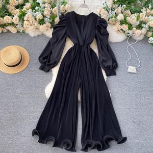 Combinaison Femme Vintage Française Automne à Manches Bulles, Col en V, Taille Haute, Plissée, Jambes Larges Évasées – Vente en Gros - Product Image 3