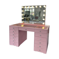 Coiffeuse moderne de luxe avec plateau en verre, design élégant, rose, 80 cm, avec chaise et éclairage LED