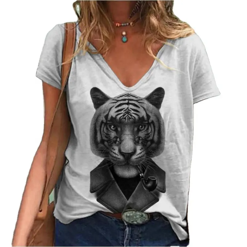 2022 summer cute pet series women's V-neck top 3D printing short-sleeved T-shirt