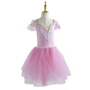 my537 Swan Lake Ballet Dress pink sequin Fluffy stage performance Dance Costume long sleeve mesh Tutu Dresses Training Dancewear