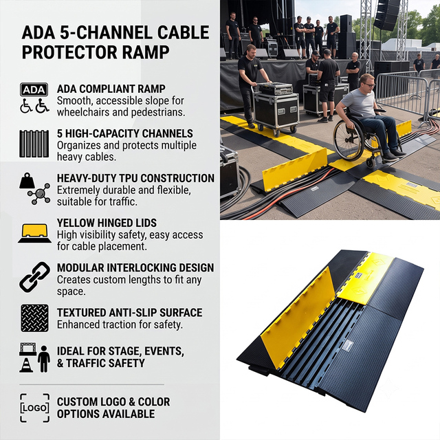 ADA 5 Channels Cable Protector Ramp Custom Logo Color Interlocking TPU Wire Cord Cover for Stage Event Traffic Safety