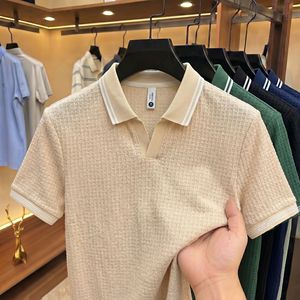 Polo en tricot gaufré pour <span class=keywords><strong>homme</strong></span>, col en V, bordure contrastée, haut décontracté pour le golf - Product Image 4