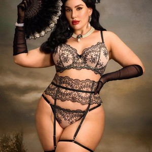 Completo Intimo Sexy Trasparente in Rete Dobby Sottile con Ricamo e Pizzo Ciglia, con Reggicalze, Taglie Forti, ODM per Feste <span class=keywords><strong>XXL</strong></span> XL - Product Image 1