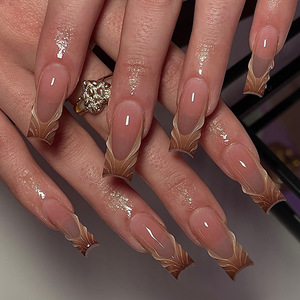 <span class=keywords><strong>Uñas</strong></span> Postizas Acrílicas de Lujo en Negro y <span class=keywords><strong>Dorado</strong></span>, Largas y Cuadradas, Hechas a Mano, <span class=keywords><strong>con</strong></span> Degradado Nude, Elegantes, para Salón - Product Image 2