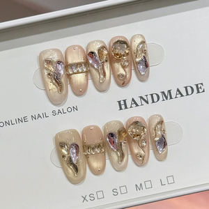 Uñas postizas de alta gama para boda, efecto ojo de gato blanco leche, oro, diamante, rosa, cuadradas medianas, con incrustaciones metálicas, para usar en las manos. - Product Image 5