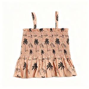 Set Estivo Boho per Bambini con Stampa <span class=keywords><strong>Palma</strong></span> e Tropicale, Top Smock in Cotone e Lino con Spalline Sottili e Peplum + Pantaloncini, Colore Beige Neutro - Product Image 3