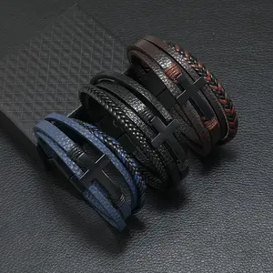 Alloy Bracelet Men'S Black Cross Bracelet Magnet Buckle Multi-Layer Simple Braided Leather Woven Beaded Bracelet
