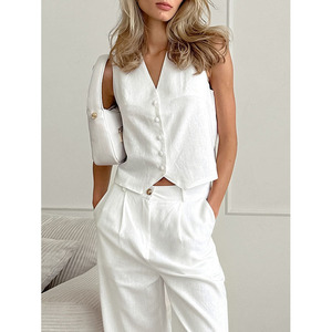 Office Lady Casual Suit Wear Algodón <span class=keywords><strong>blanco</strong></span> y <span class=keywords><strong>lino</strong></span> Sin mangas con cuello en V Chaleco blazer Suit - Product Image 4