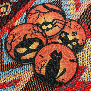 MANTU Dessous de verre perlé à motif araignée et citrouille chat noir fait à la main Dessous de verre décoratif festif Article de spécialité de magasin - Product Image 1